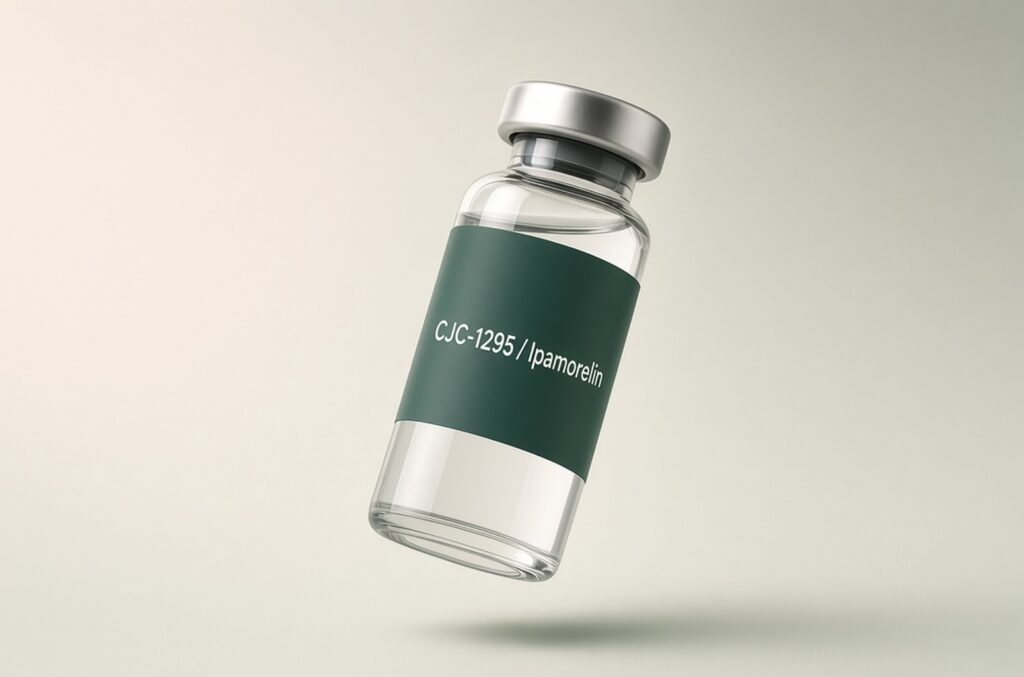 Glass vial of clear liquid with a green CJC-1295 / Ipamorelin label