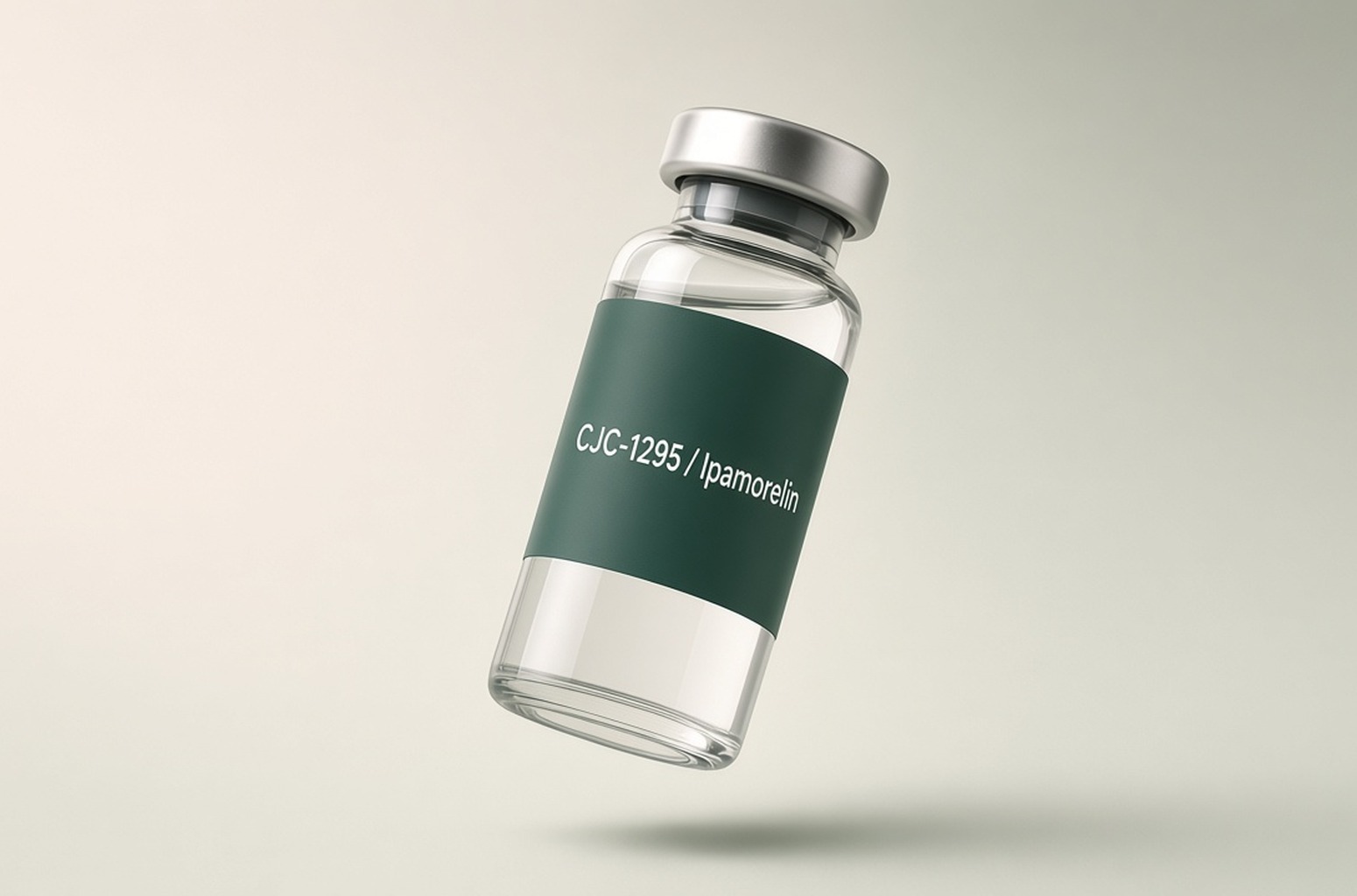Glass vial of clear liquid with a green CJC-1295 / Ipamorelin label