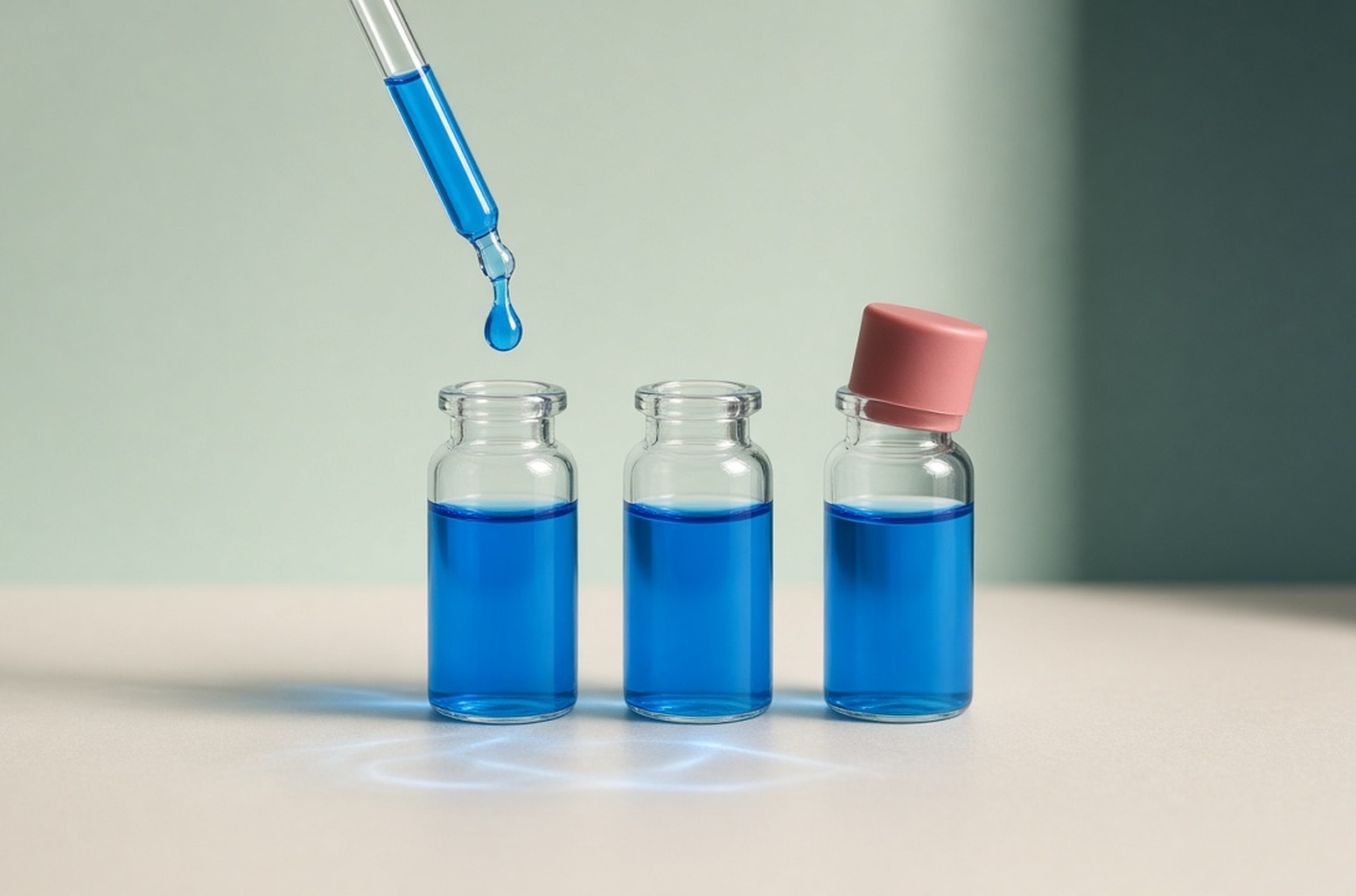 Dropper releasing blue copper peptide solution into three small glass vials