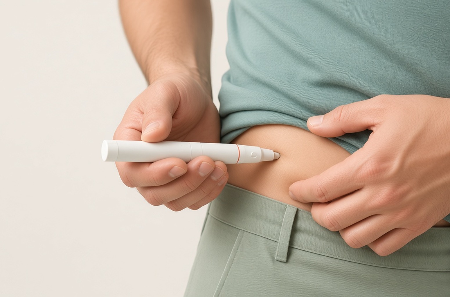 Hand holding a white pen injector against the lower abdomen, sage top lifted