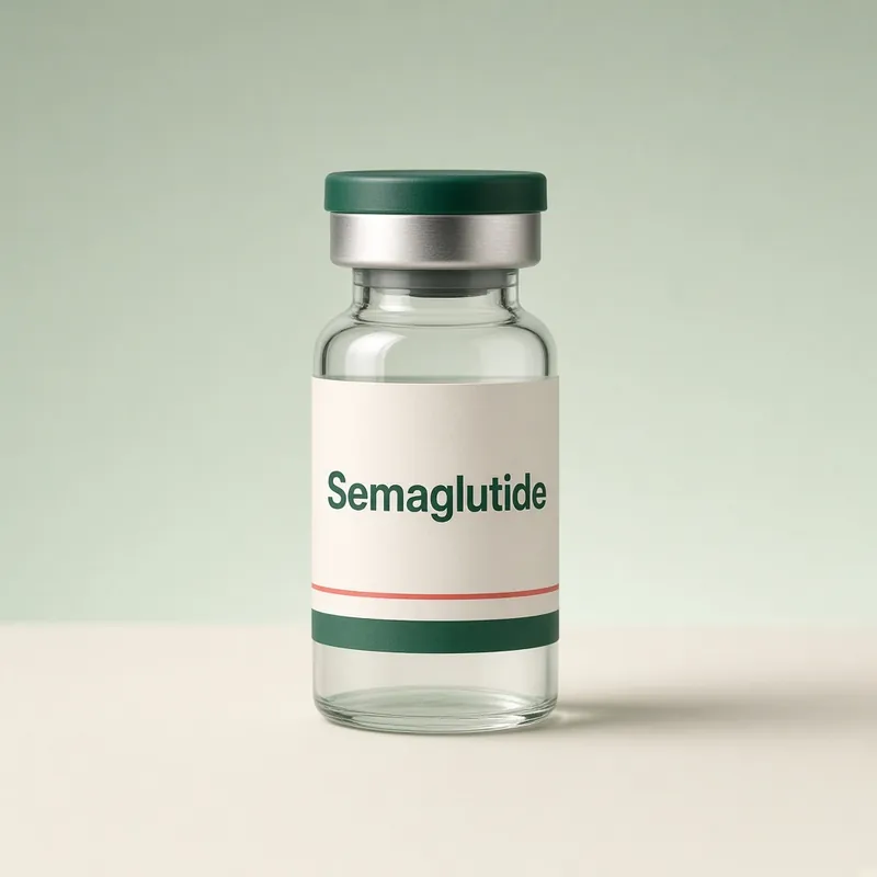 Clear glass vial labeled Semaglutide on a sage background