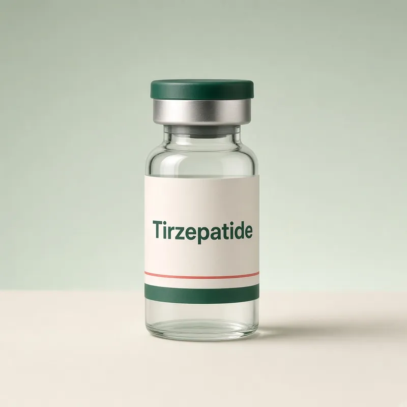 Clear glass vial labeled Tirzepatide on a sage background