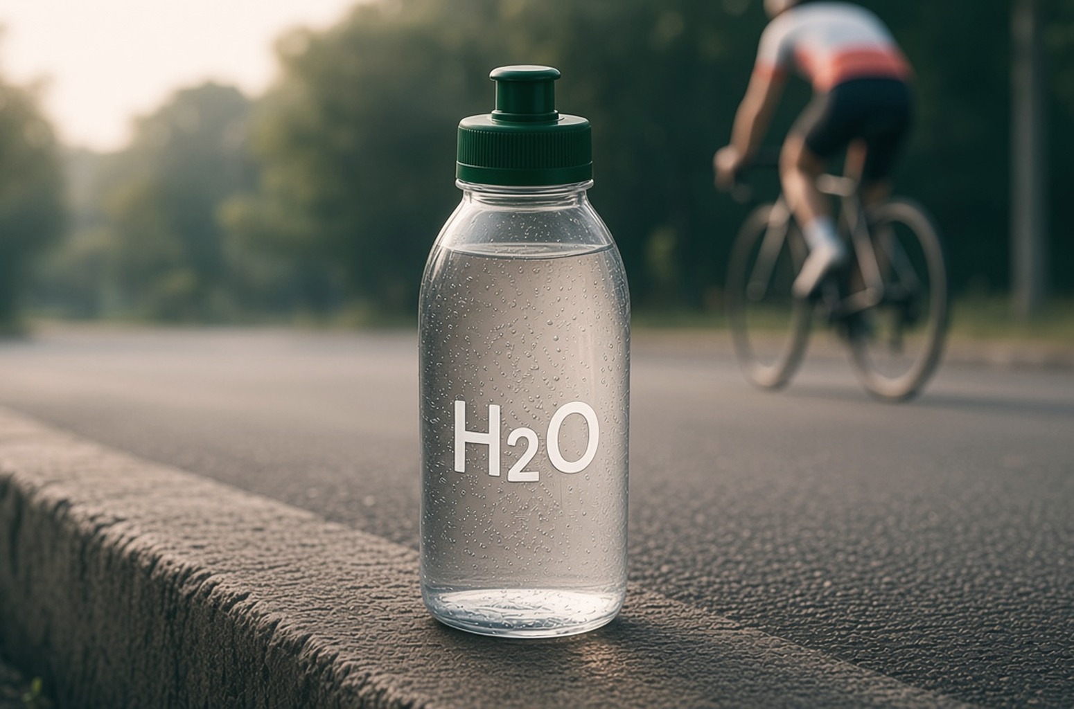 Clear H2O sport bottle on a road edge with a cyclist riding past
