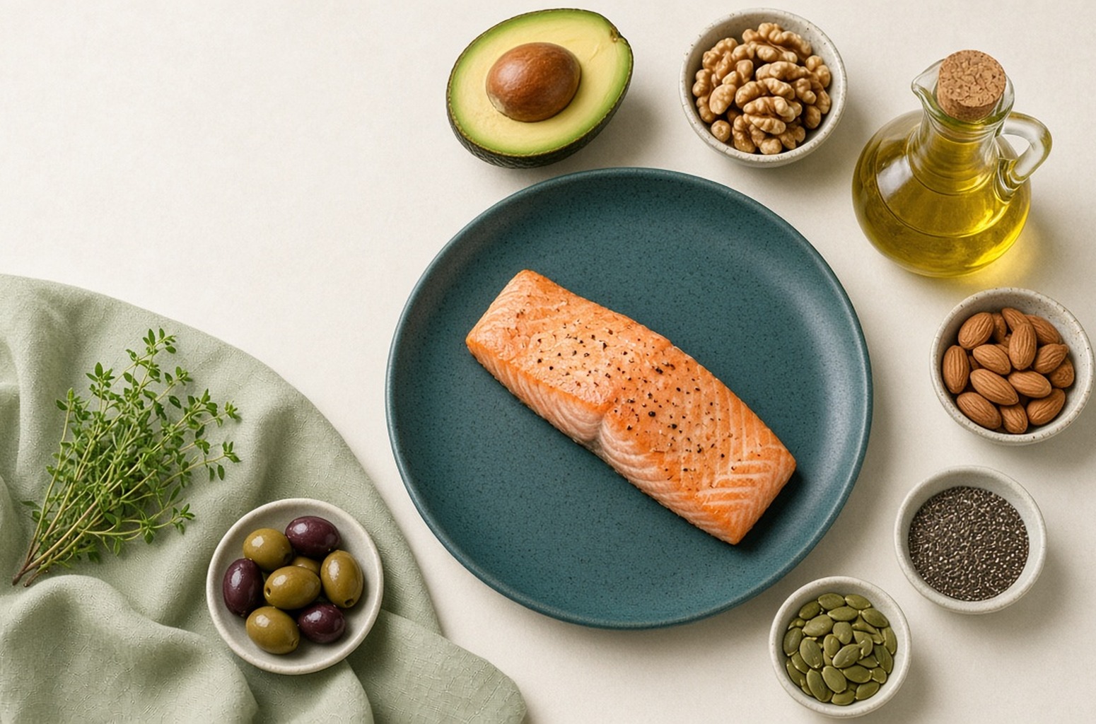 Salmon fillet on a green plate surrounded by avocado, olive oil, olives, walnuts, almonds, chia and pumpkin seeds