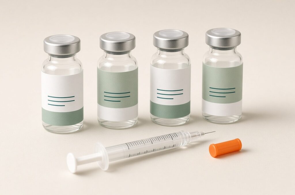 Four labelled peptide vials in a row with an insulin syringe in front