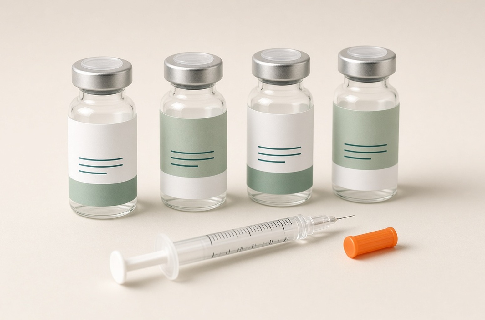 Four labelled peptide vials in a row with an insulin syringe in front