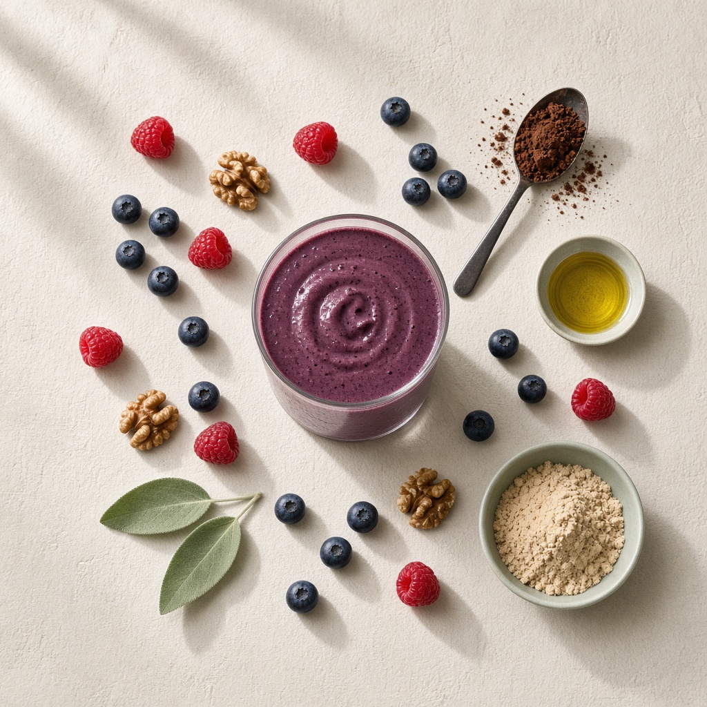 Overhead view of a glass of deep purple Plant Power Blend surrounded by blueberries, raspberries, walnuts, a spoon of cacao powder, olive oil and pea protein on a light linen surface